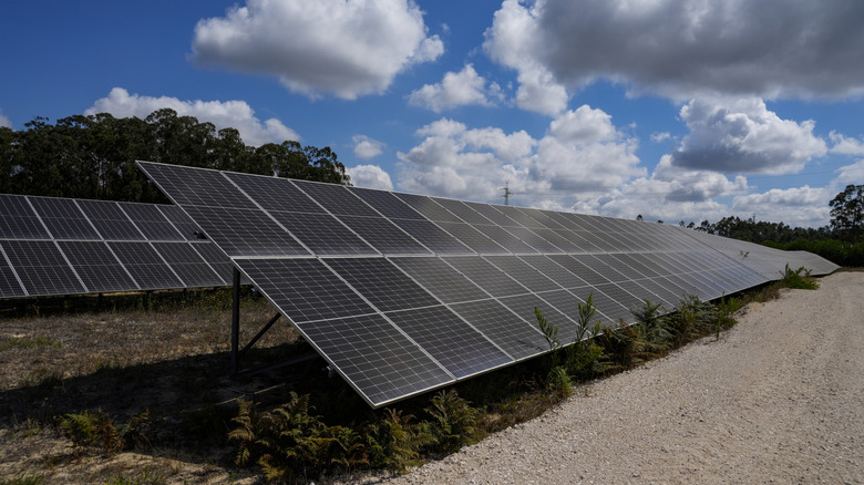 A solar farm with rows of large solar panels installed on arid ground