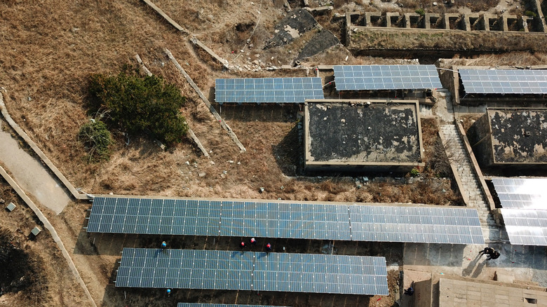 An aerial shot of a microgrid solar arrary setup