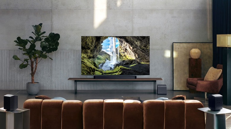 Samsung HW-Q990F soundbar system set up in a living room