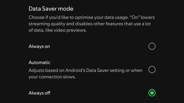 The Data Saver settings in the Spotify app with the Always off option selected.