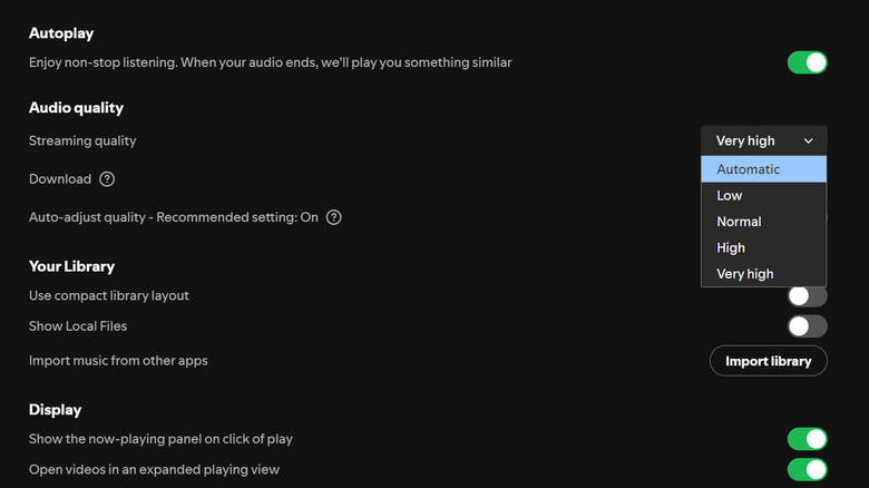 A screenshot of the Spotify Desktop app showing different audio quality settings, with the Automatic option higlighted.