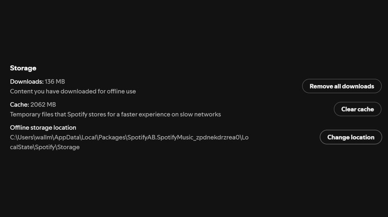 The download management page in the Spotify desktop app with buttons to clear the cache and delete downloads.