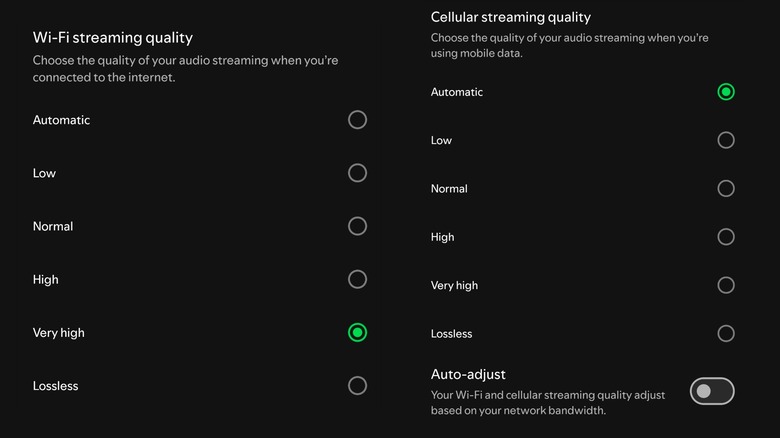 The cellular and Wi-Fi streaming quality settings in the Spotify app seen side-by-side.