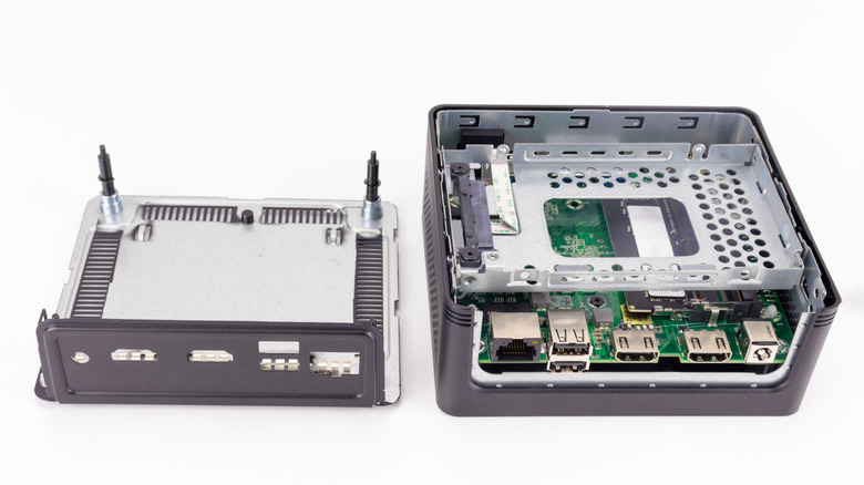 A mini PC opened so the internals are visible.