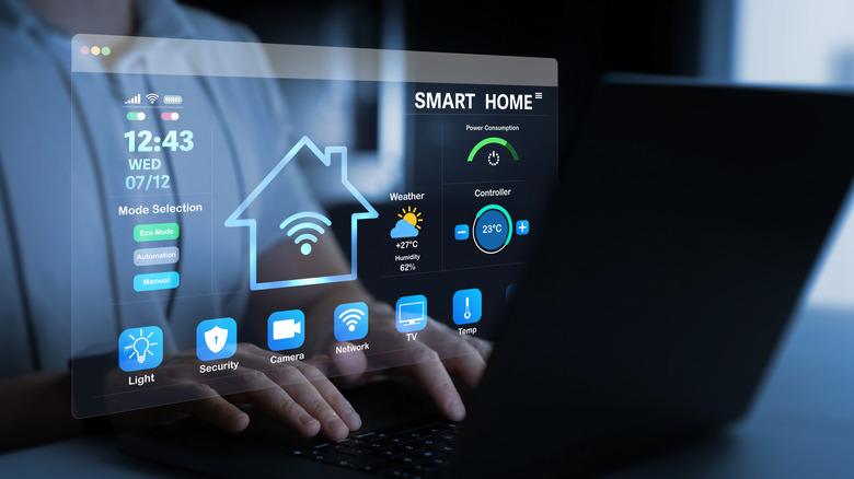 A person on laptop with the smart app integrations hovering