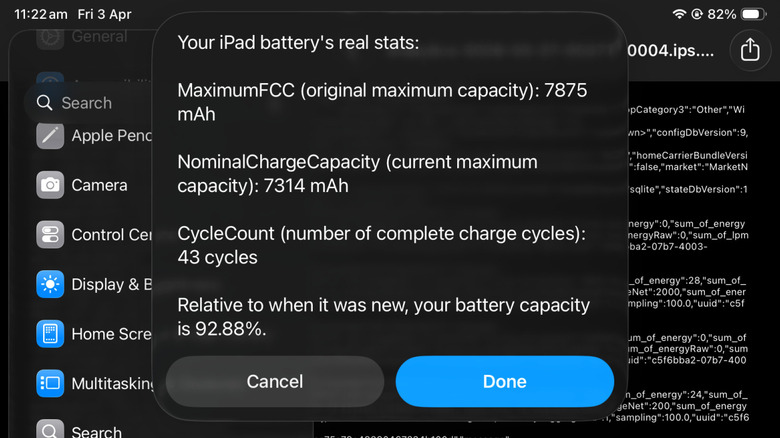 A screenshot of the Battery Stats dialog box on an iPad displaying battery statistics.