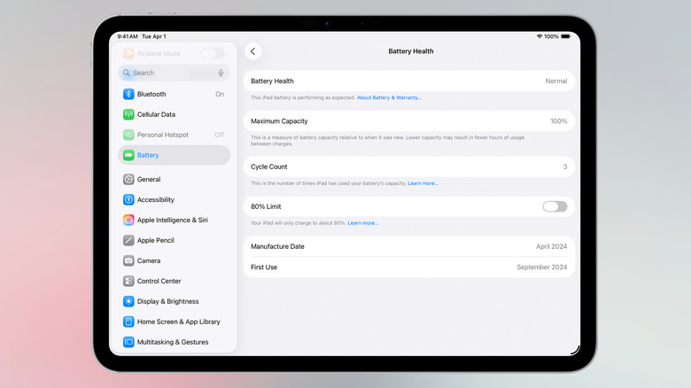 Battery Health and limit options for charging iPad.