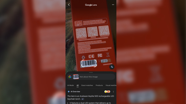 Screenshot of Google lens identifying barcodes on the back of a product