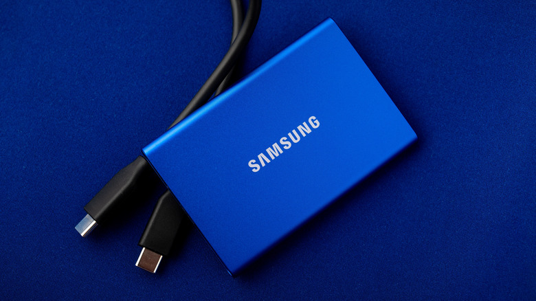 A Samsung external SSD sitting on a table