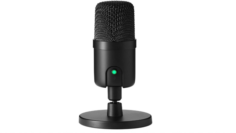 A black Amazon Basics USB Condenser Microphone