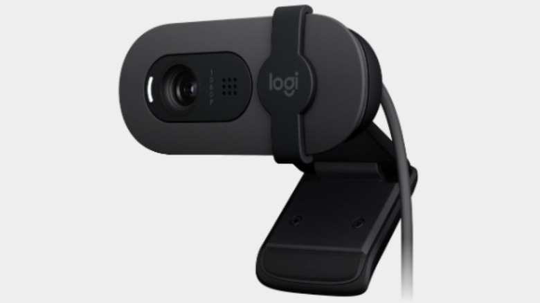 A black Logitech Brio 100 Webcam