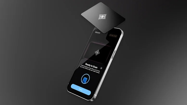 A product render of the Bloom Card above an iPhone.
