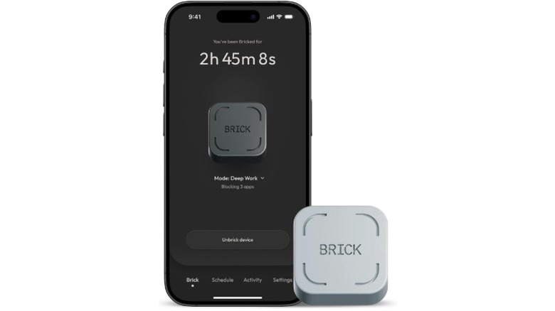 A product render of the NFC-enabled Brick Phone Lock and its companion app on an iPhone.