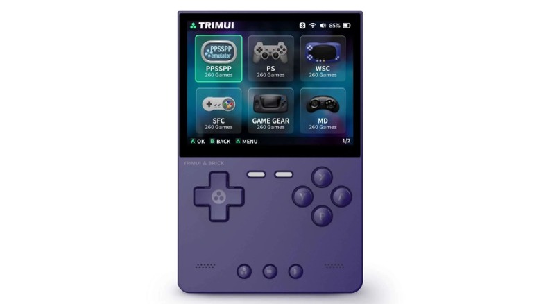 A product render of the Trimui Brick retro handheld.