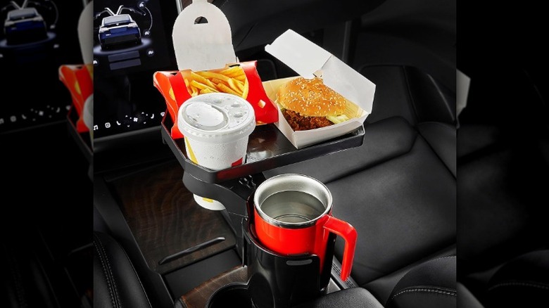 Fast food and drink placed on a car tray