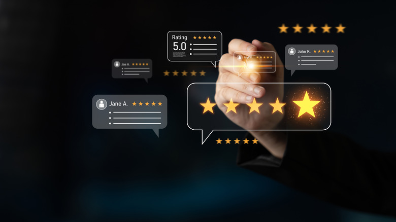 Holographic images of five-star customer ratings