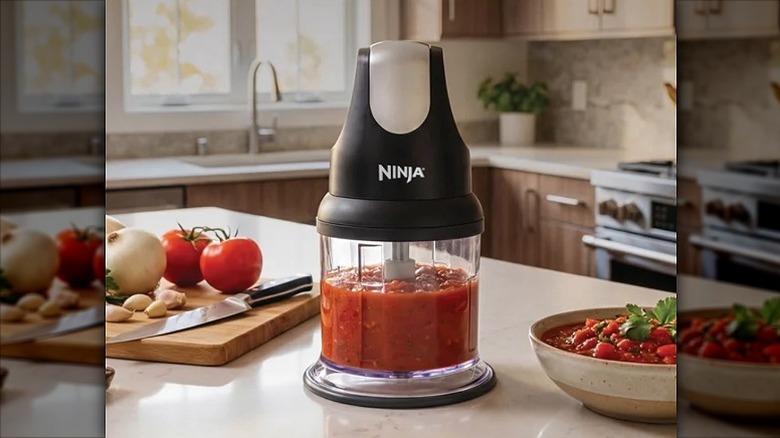 Food processor containing a blended puree and some vegetables on the kitchen counter