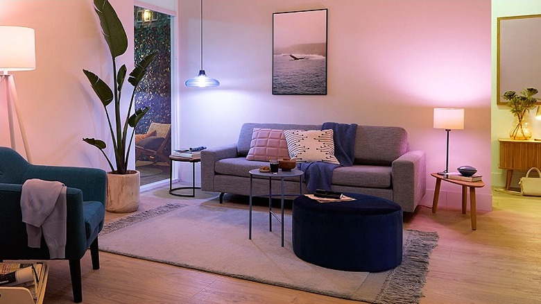 Living room lit up with different colored lights