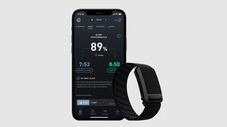 The Whoop 4.0 fitness tracker with its companion app, on a gray background.