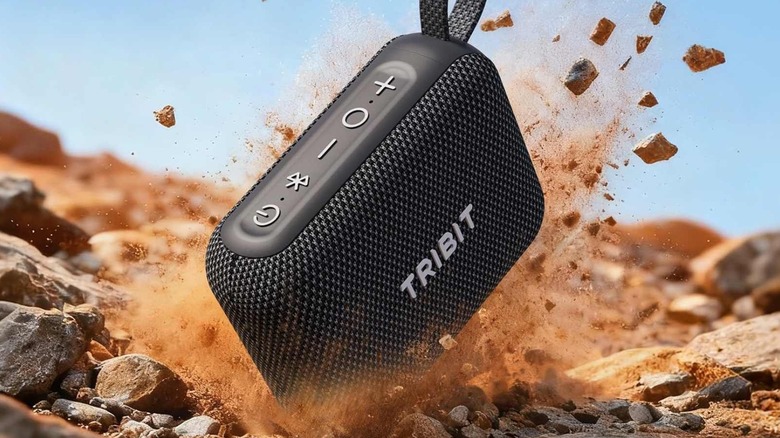 The Tribit PocketGo dropped on a rocky surface.