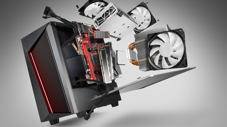 An illustration of PC parts explode from the side of the computer.