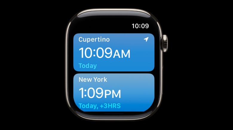 The Apple Watch showing times from two cities in different time zones.