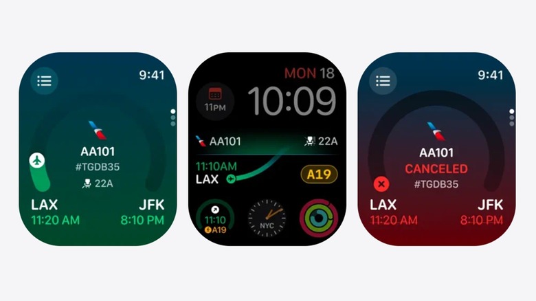 Screenshots of Flighty on the Apple Watch.