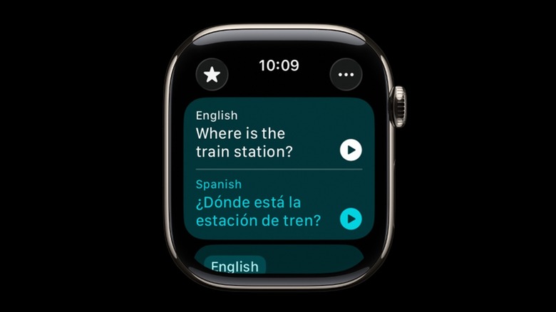 The Translate app on the Apple Watch translating a sentence from English to Spanish.