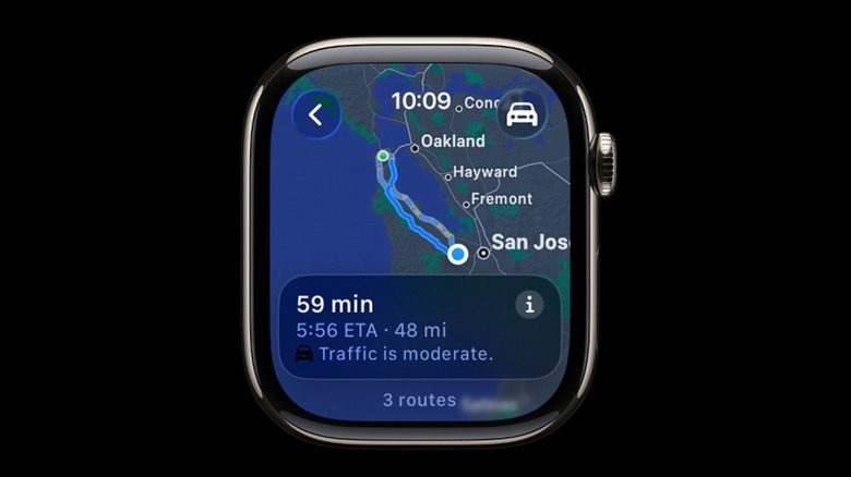 The Apple Maps app on the Apple Watch showing driving directions.