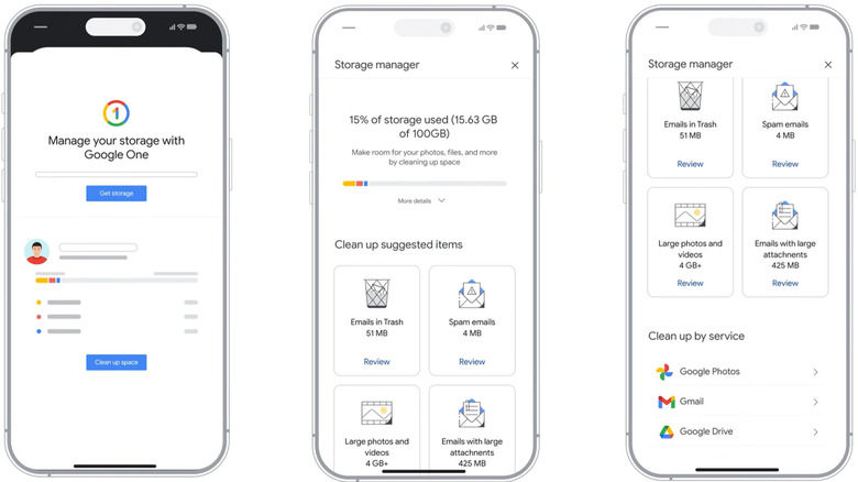 Three screenshots showing how Google One's Storage Manager works..