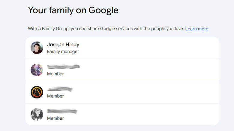 A screenshot of a Google Family Group.