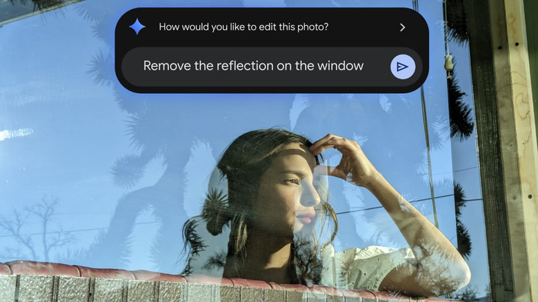 An AI prompt asking Magic Editor to remove reflections on a window.
