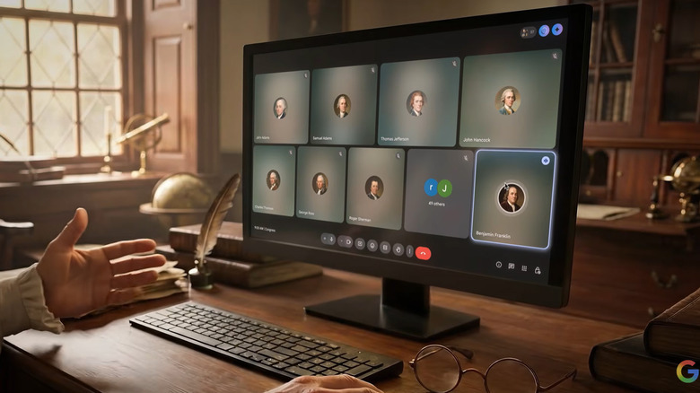 A person in a Google Meet call with America's Founding Fathers.