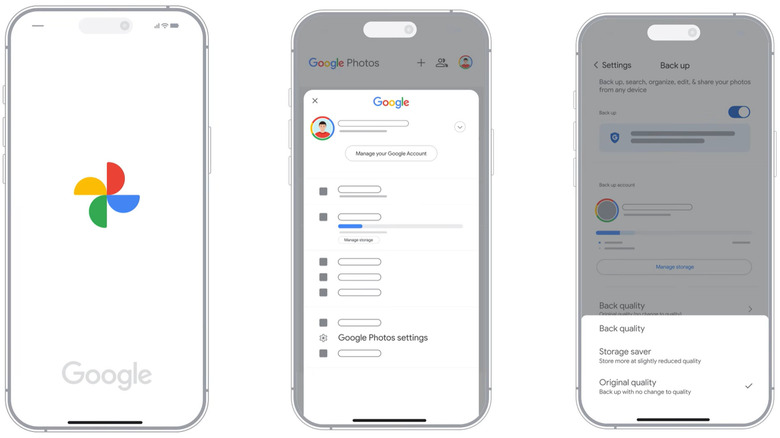 Three screenshots showing Google Photos' Storage Saver Mode