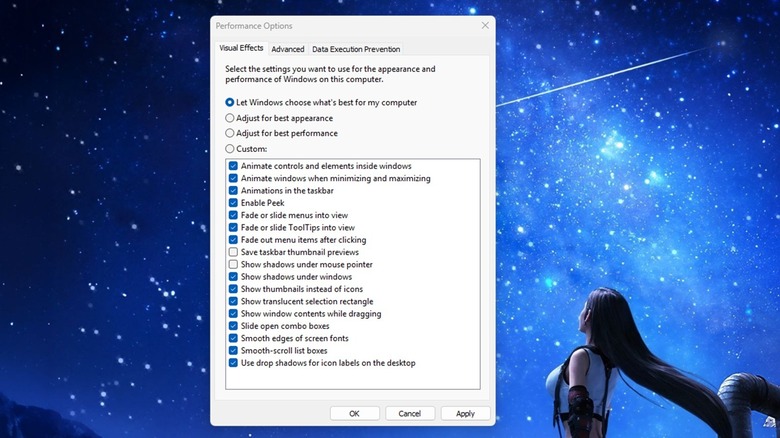 The Visual Effects tab of Performance Options in Windows 11.