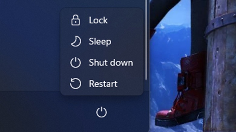 The options after selecting the Power button on the Windows Start menu.