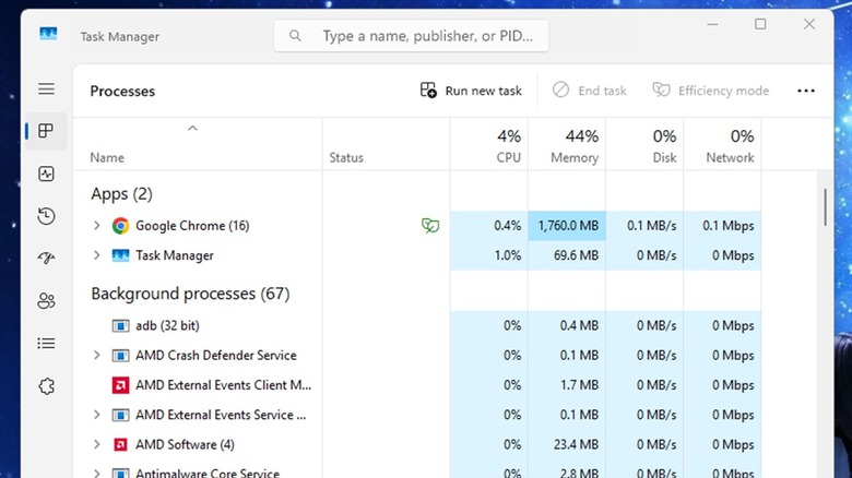 The Windows Task Manager showing the running apps and processes in the background for a PC.