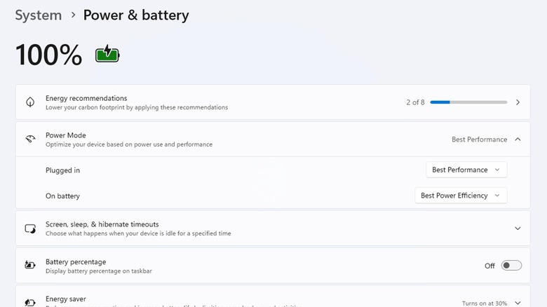 The Power & battery menu of a Windows 11 laptop.