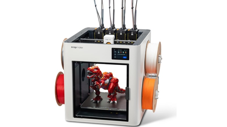 A Snapmaker tool-changing 3D printer on an isolated white background.