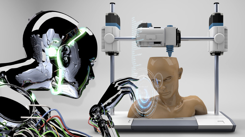 A CG robot looks at a human bust in process of being printed on a 3D printer.