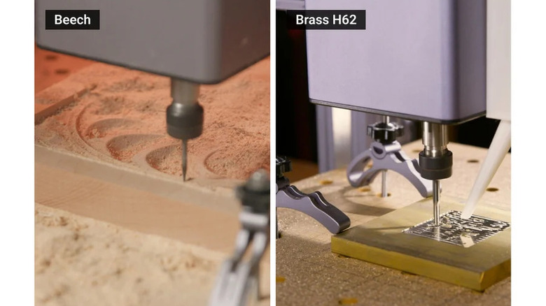 A 3D printer is equipped with a CNC toolhead, working in Beech wood and brass.