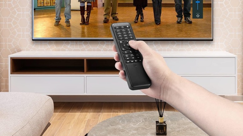 A hand holds a remote control with a TV visible in the background.