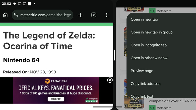 Chrome open in split-screen mode, showing a Zelda game on one half and a settings menu on the other, which includes the option to "Open in other window"
