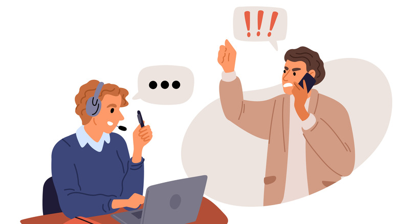 An illustration of an agitated man speaking to customer support