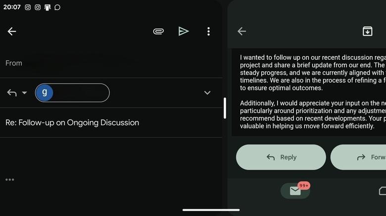 Gmail open in split-screen mode, with the email draft on the left-hand side and the subject mail on the right-hand side