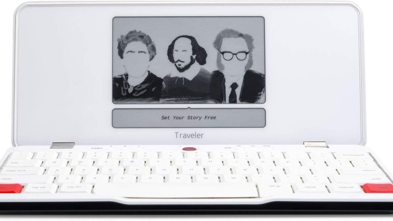 The Astrohaus Freewrite Traveler portable e-ink type writer unfolded with image of great writers on the screen
