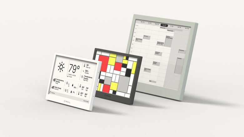Three of the TRMNL OG smart home dashboards in various colors and sizes.