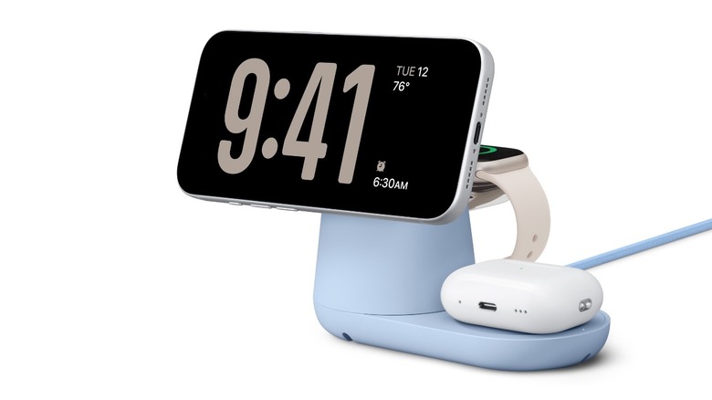 Belkin's new charging stand charging an iPhone, Apple Watch, and AirPods Pro