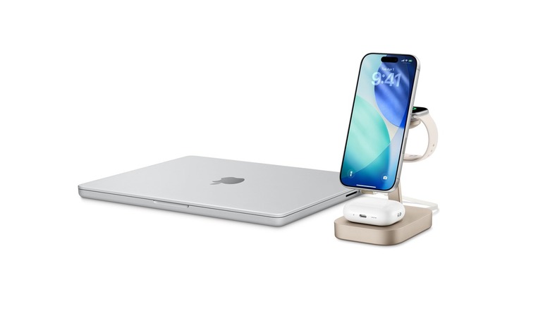 Mockup of mophie's new charging stand that can charge iPhone, Apple Watch, AirPods, and MacBook simultaneously