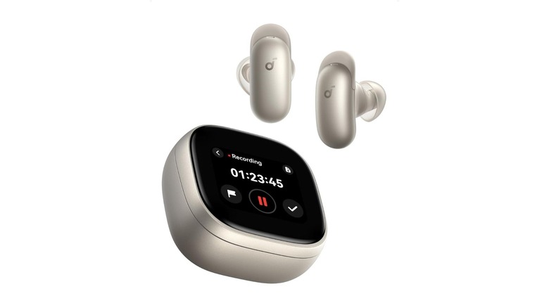 A pair of Liberty 5 pro max earbuds with screen on case